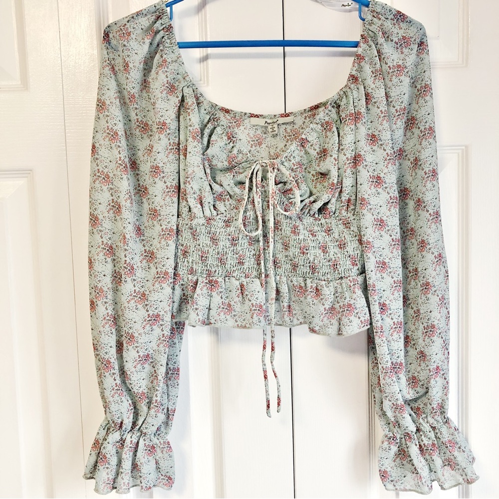 NWT Papaya Juniors' Light Mint Blue Floral Smocked Milkmaid Crop Top